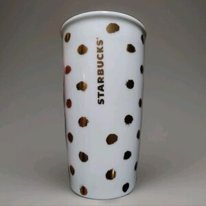 NOS 2014 Gold Polka Dot Starbucks Coffee Tumbler Mug Travel Ceramic W/Sip Top
